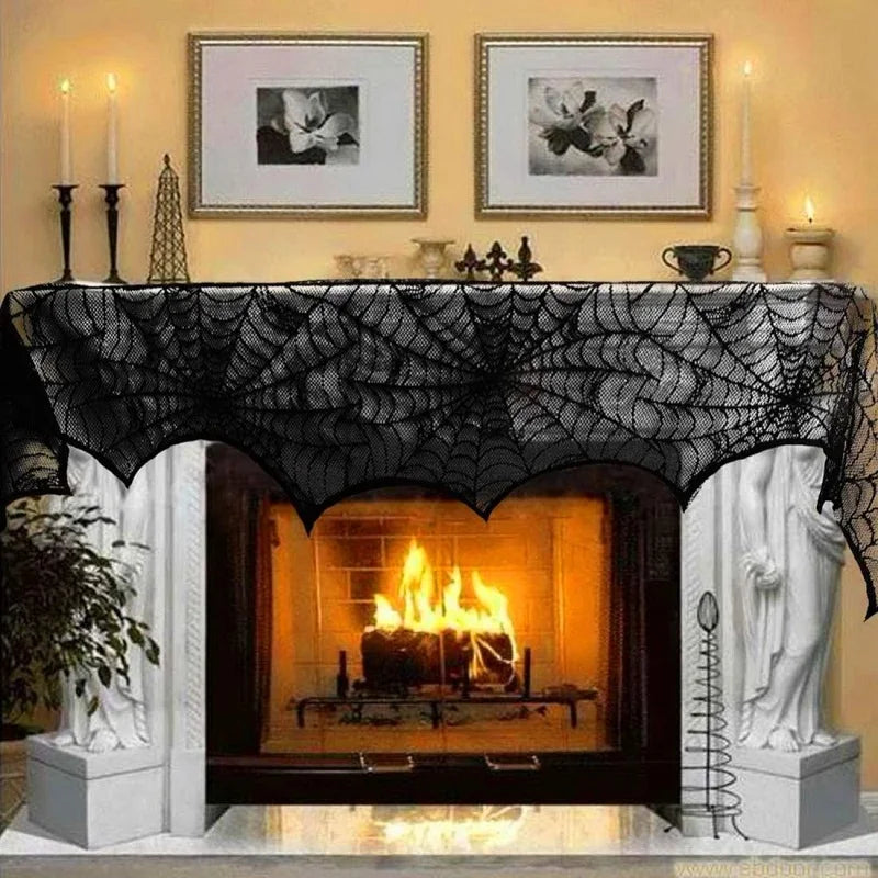 Doodad Co. Lace Skull & Spider Web Table Runner — Fireplace Mantel Scarf, Gothic Halloween Decor