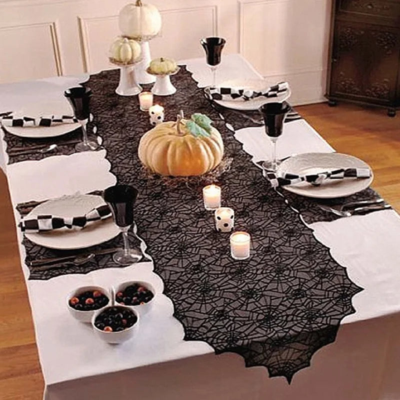 Doodad Co. Lace Skull & Spider Web Table Runner — Fireplace Mantel Scarf, Gothic Halloween Decor