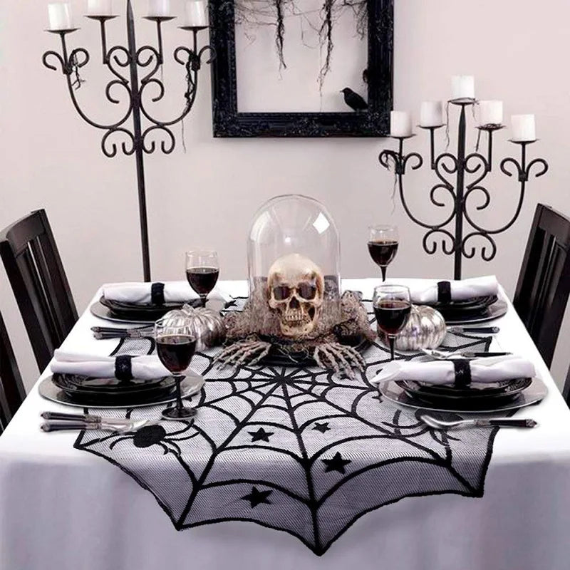 Doodad Co. Lace Skull & Spider Web Table Runner — Fireplace Mantel Scarf, Gothic Halloween Decor