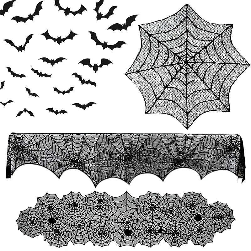 Doodad Co. Lace Skull & Spider Web Table Runner — Fireplace Mantel Scarf, Gothic Halloween Decor