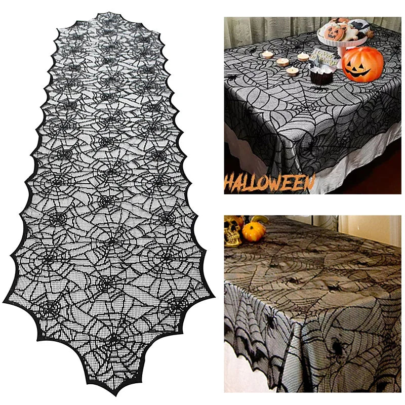 Doodad Co. Lace Skull & Spider Web Table Runner — Fireplace Mantel Scarf, Gothic Halloween Decor