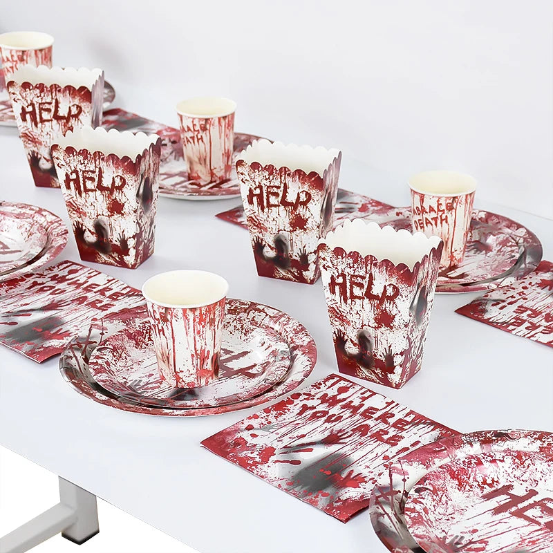 Doodad Co. Bloody Handprint Party Tableware — Plates, Cups & Popcorn Boxes