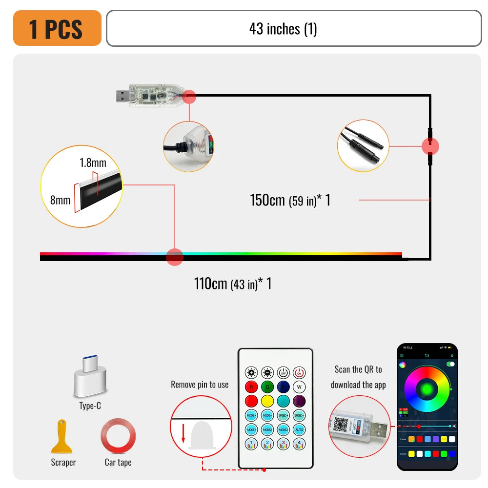 Doodad Co. Car Interior Ambient Light Kit — App-Controlled RGB Acrylic Strips