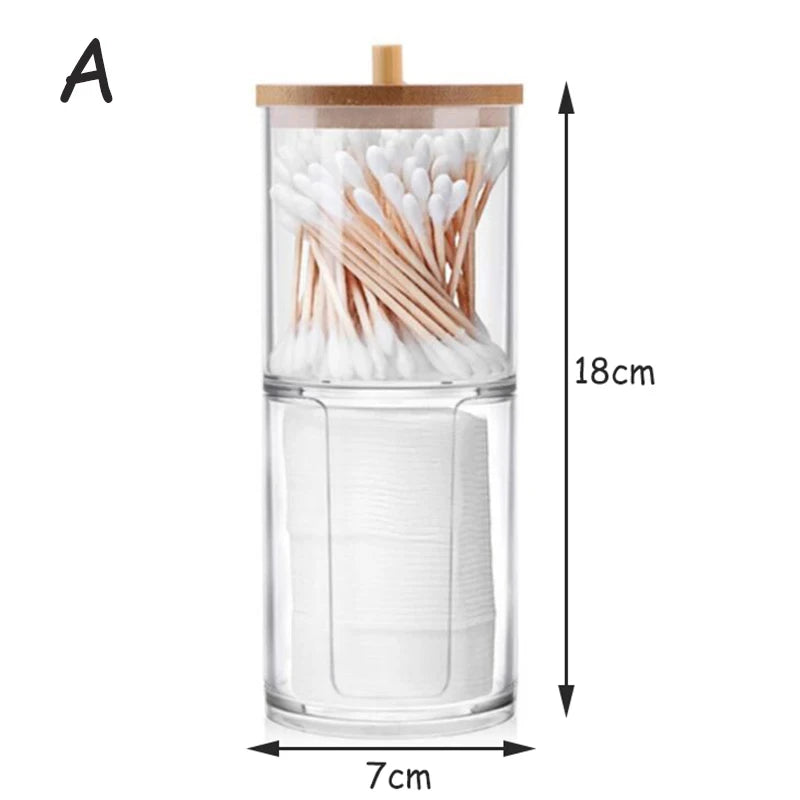 Doodad Co. Acrylic Cotton Pad Organizer — Bamboo Lid, Bathroom Storage