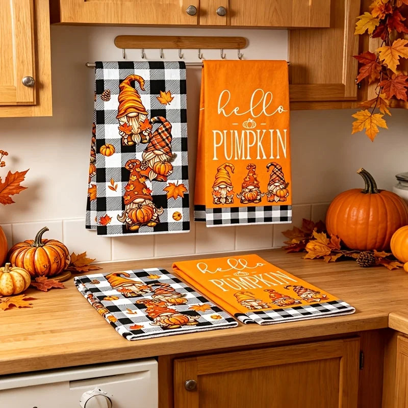 Doodad Co. Gnome & Pumpkin Kitchen Towels — Buffalo Plaid Autumn Set, Cozy Fall Decor