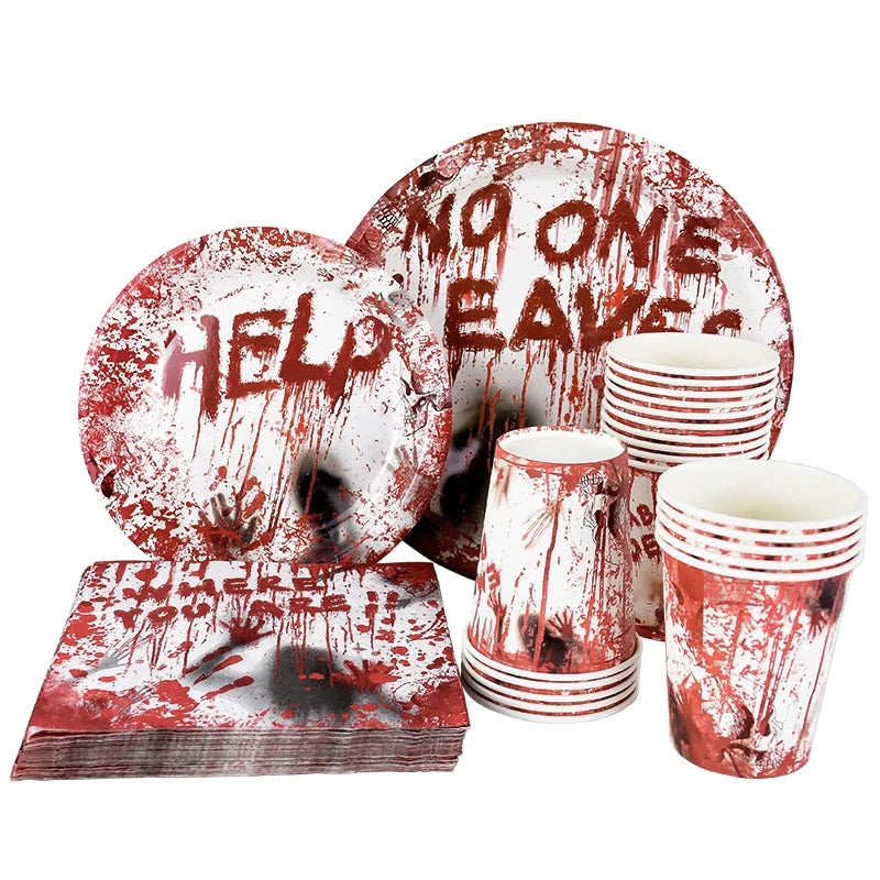 Doodad Co. Bloody Handprint Party Tableware — Plates, Cups & Popcorn Boxes