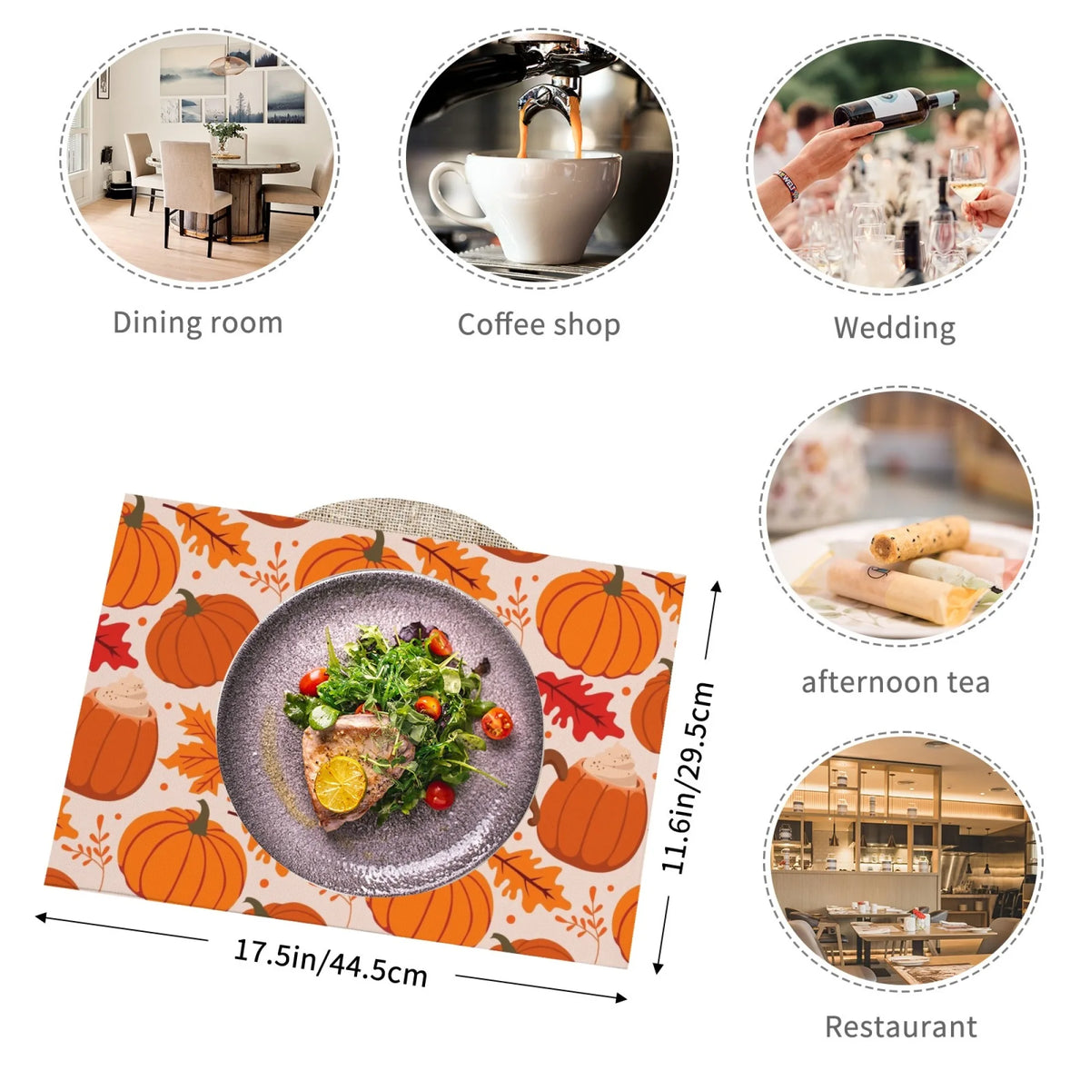 Doodad Co. Pumpkin & Fall Leaves Placemats — Set of 4, Stain-Resistant Autumn Table Decor