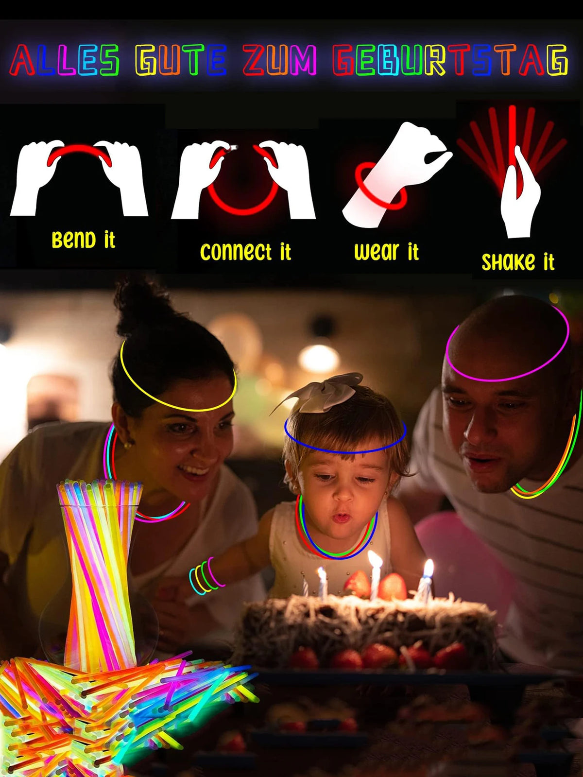 Doodad Co. Glow Stick Necklaces & Bracelets — Multicolor Neon Glow, Bulk Party Pack