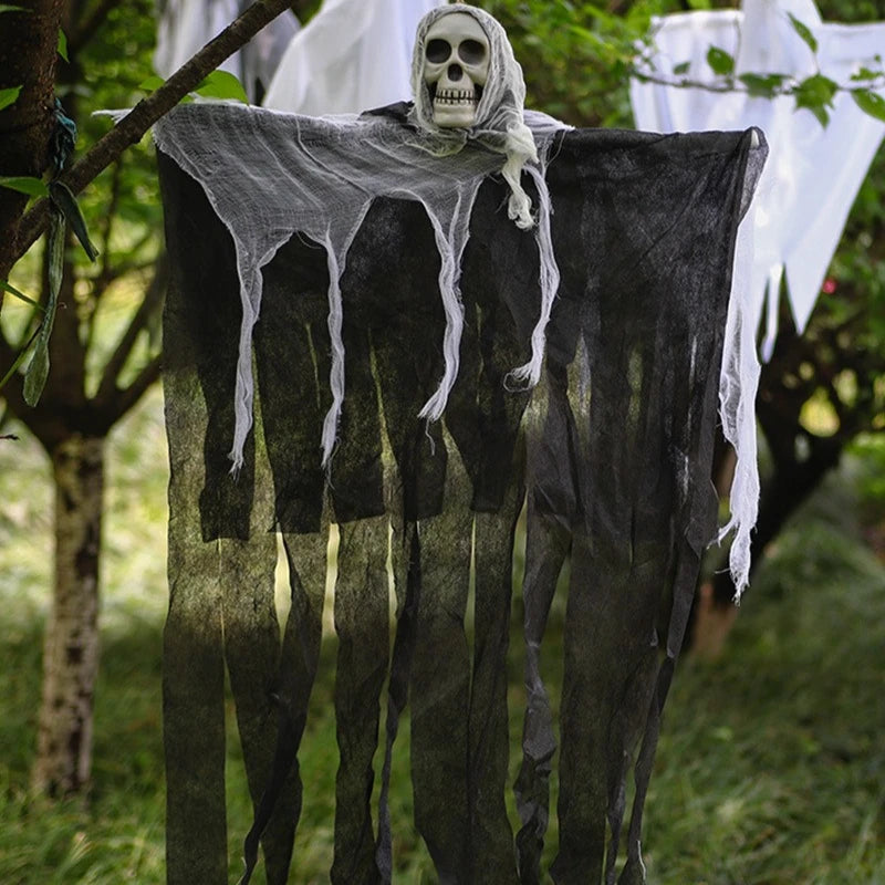 Doodad Co. Glow-in-the-Dark Hanging Ghost — Skeleton Skull Gauze Prop, Eerie Outdoor Decor