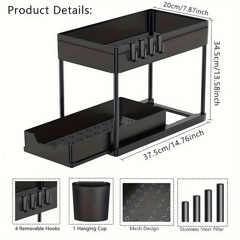 Doodad Co. Under-Sink Sliding Organizer — 2-Layer, Multipurpose Storage