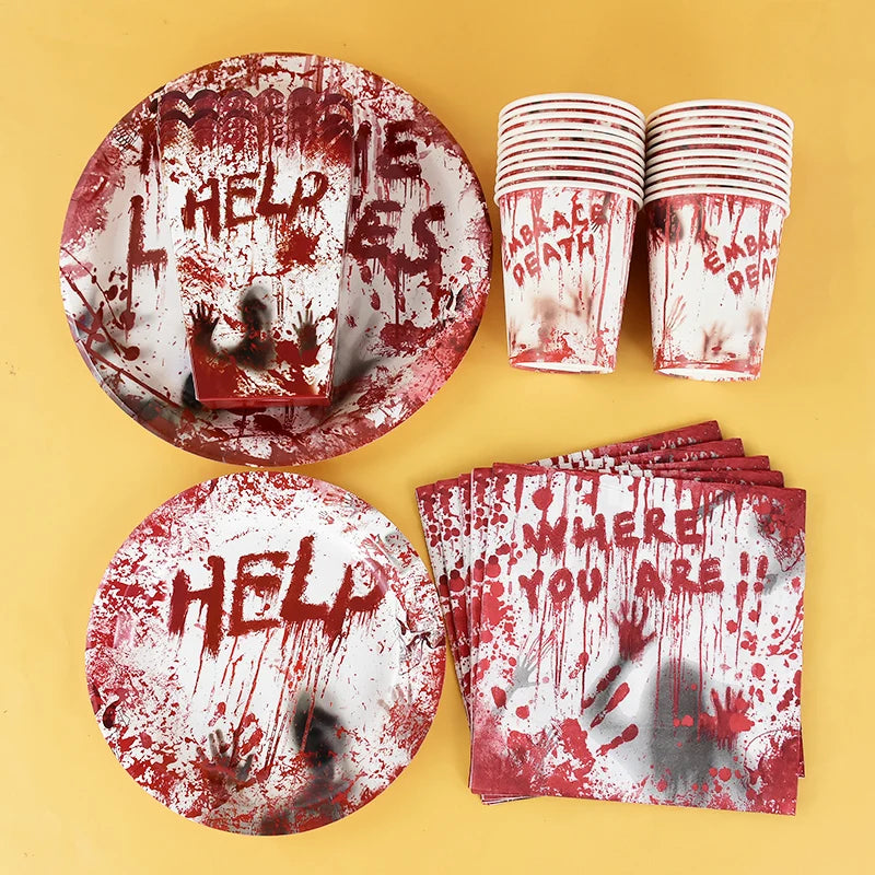 Doodad Co. Bloody Handprint Party Tableware — Plates, Cups & Popcorn Boxes