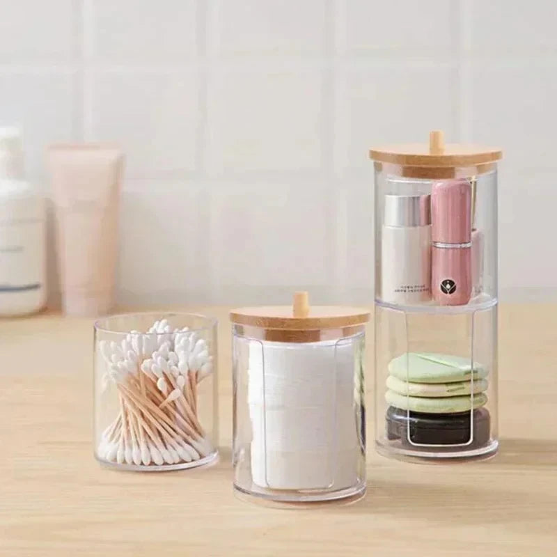 Doodad Co. Acrylic Cotton Pad Organizer — Bamboo Lid, Bathroom Storage