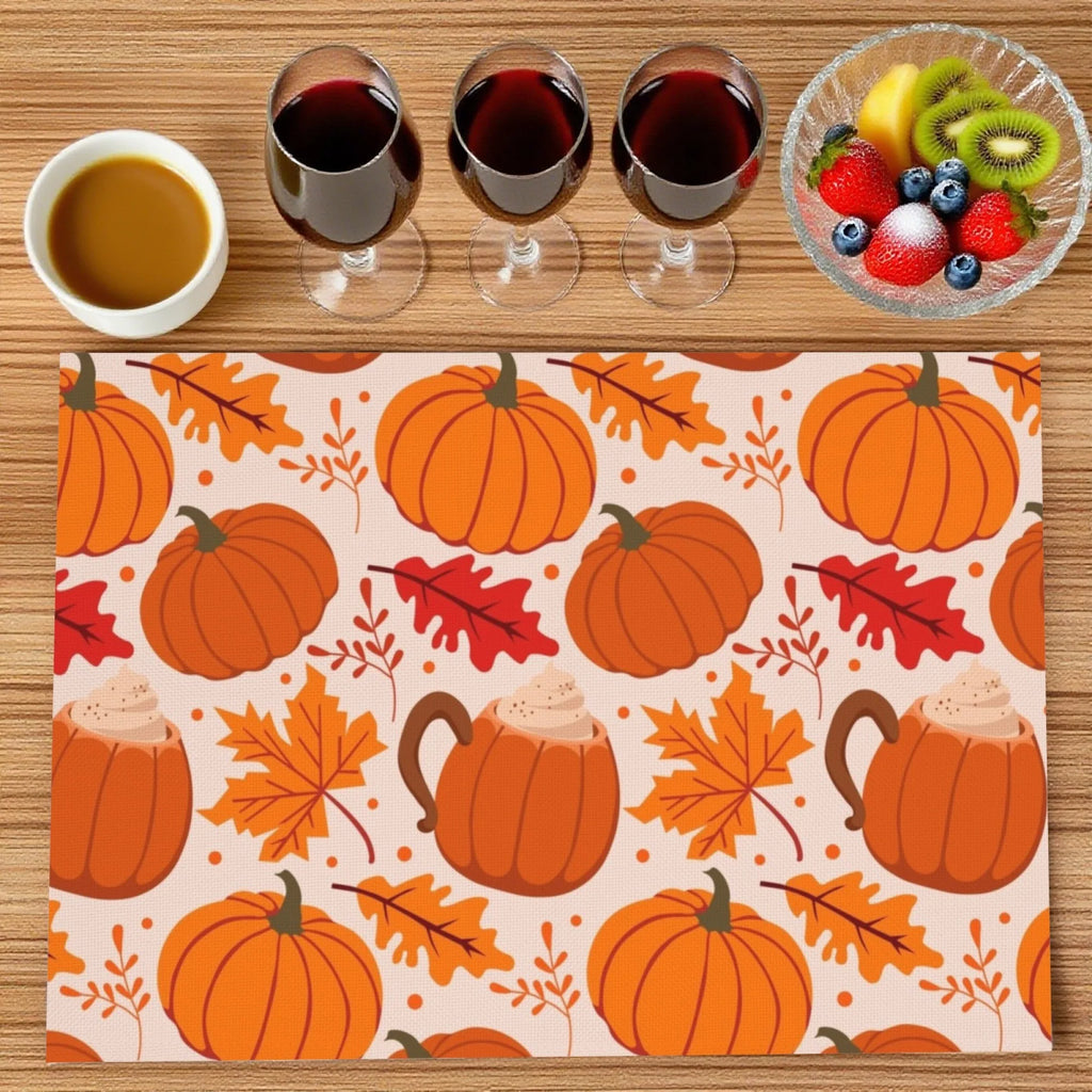 Doodad Co. Pumpkin & Fall Leaves Placemats — Set of 4, Stain-Resistant Autumn Table Decor