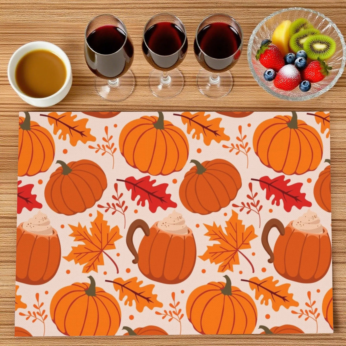 Doodad Co. Pumpkin & Fall Leaves Placemats — Set of 4, Stain-Resistant Autumn Table Decor