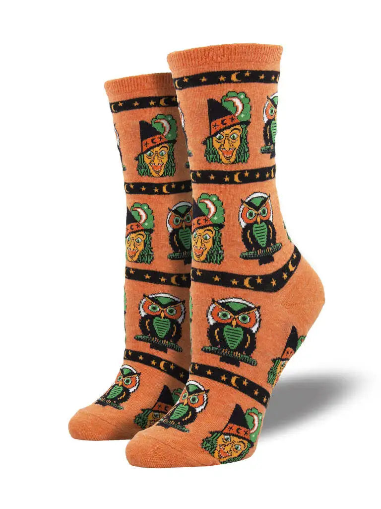 Doodad Co. Pumpkin Owl Crew Socks — Novelty Cotton, Unisex Halloween Fun