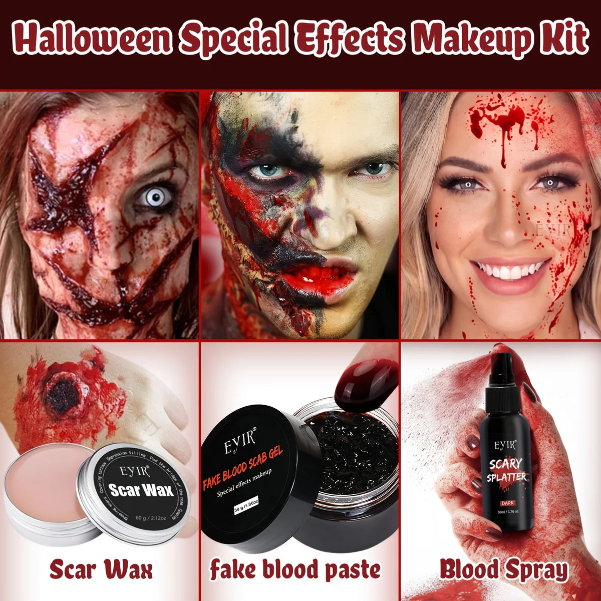 Doodad Co. Halloween SFX Makeup Kit — Scar Wax, Blood Spray & 6-Color Face Paint