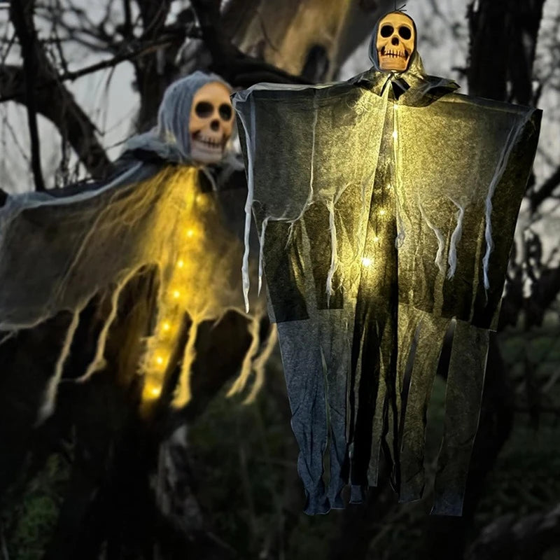 Doodad Co. Glow-in-the-Dark Hanging Ghost — Skeleton Skull Gauze Prop, Eerie Outdoor Decor