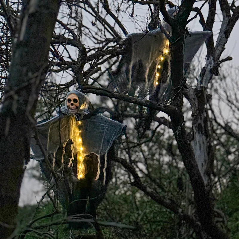 Doodad Co. Glow-in-the-Dark Hanging Ghost — Skeleton Skull Gauze Prop, Eerie Outdoor Decor
