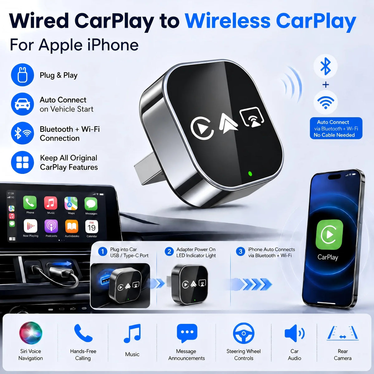 Doodad Co. 4-in-1 Wireless CarPlay Adapter — Instant Wired-to-Wireless Upgrade