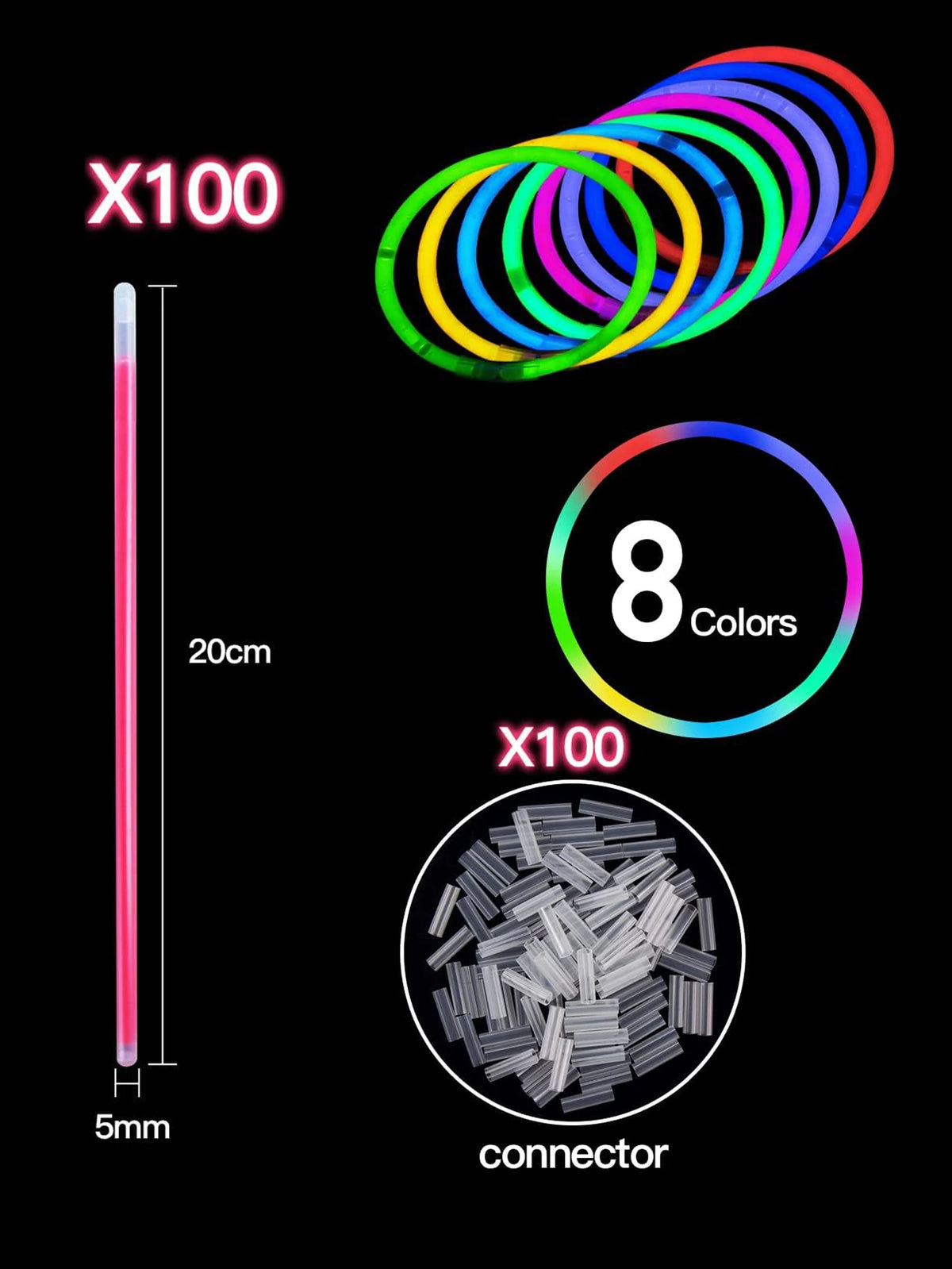 Doodad Co. Glow Stick Necklaces & Bracelets — Multicolor Neon Glow, Bulk Party Pack