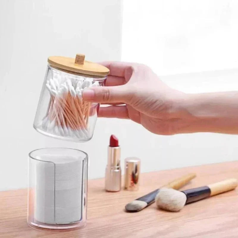 Doodad Co. Acrylic Cotton Pad Organizer — Bamboo Lid, Bathroom Storage