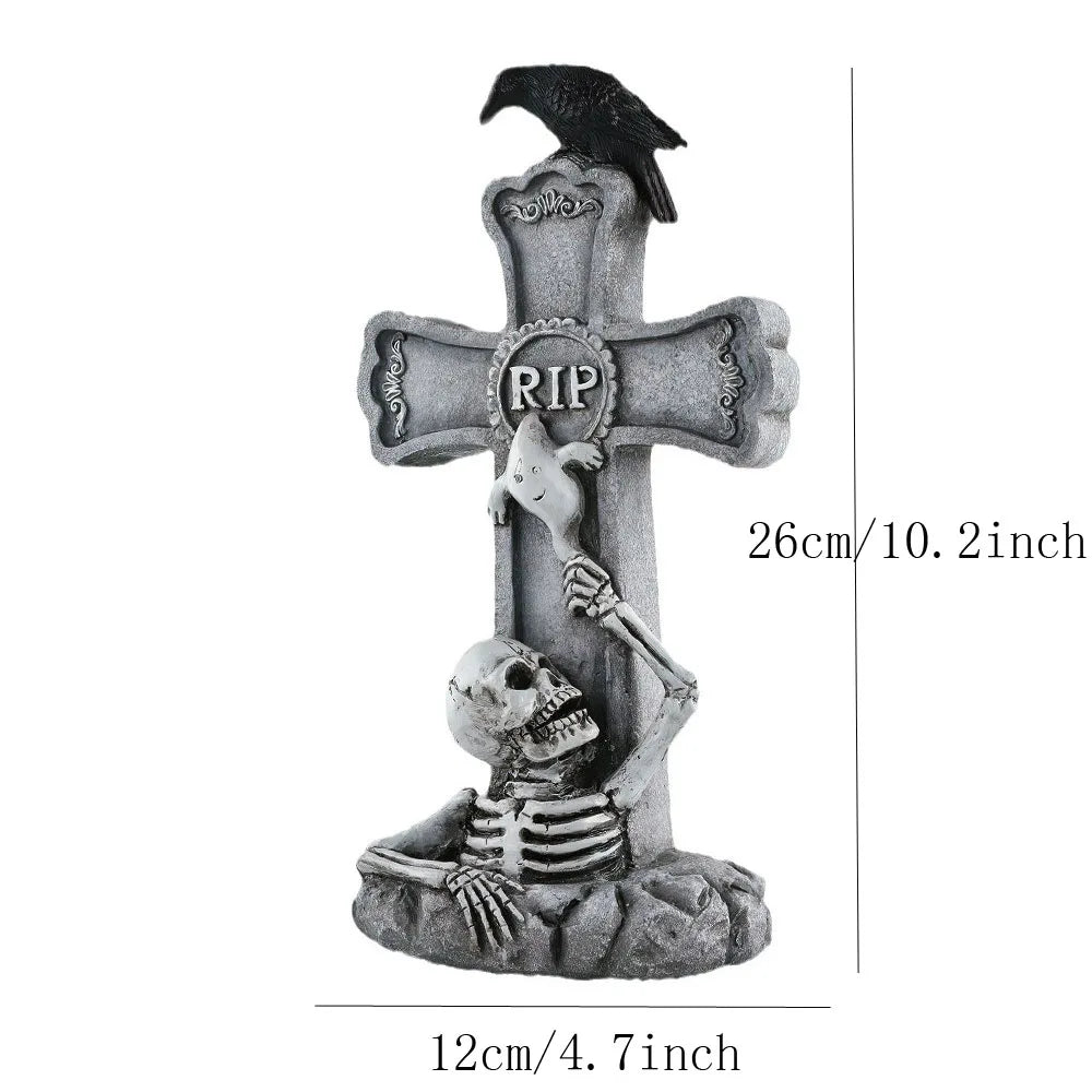 Doodad Co. Crow & Skeleton Tombstone Statue — Resin Yard Prop, Haunted House Accent