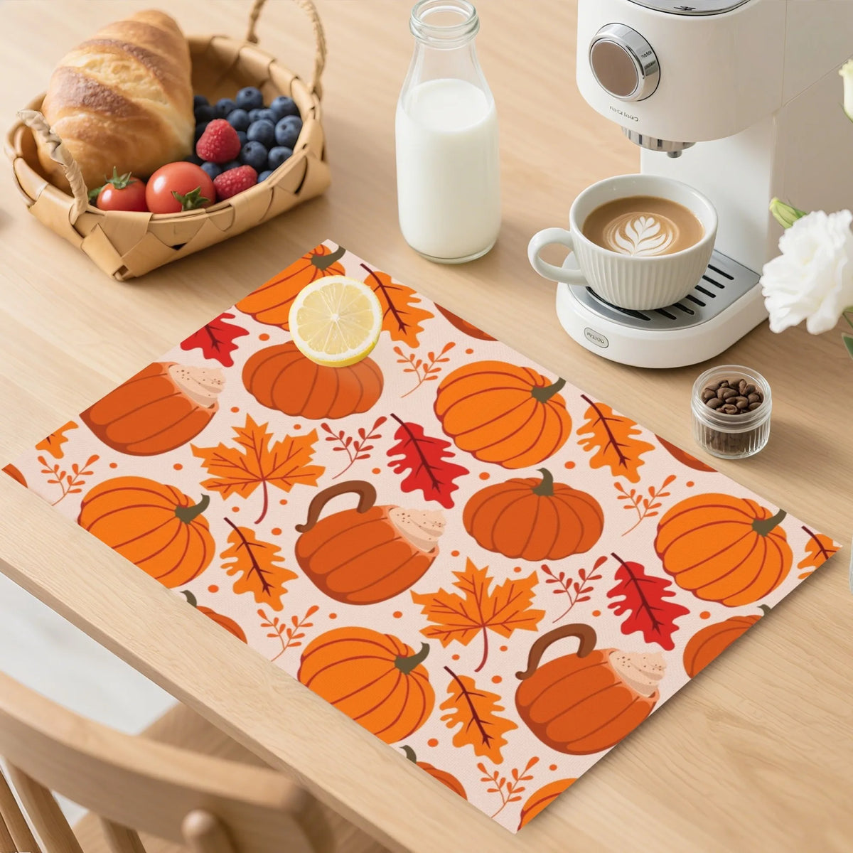 Doodad Co. Pumpkin & Fall Leaves Placemats — Set of 4, Stain-Resistant Autumn Table Decor