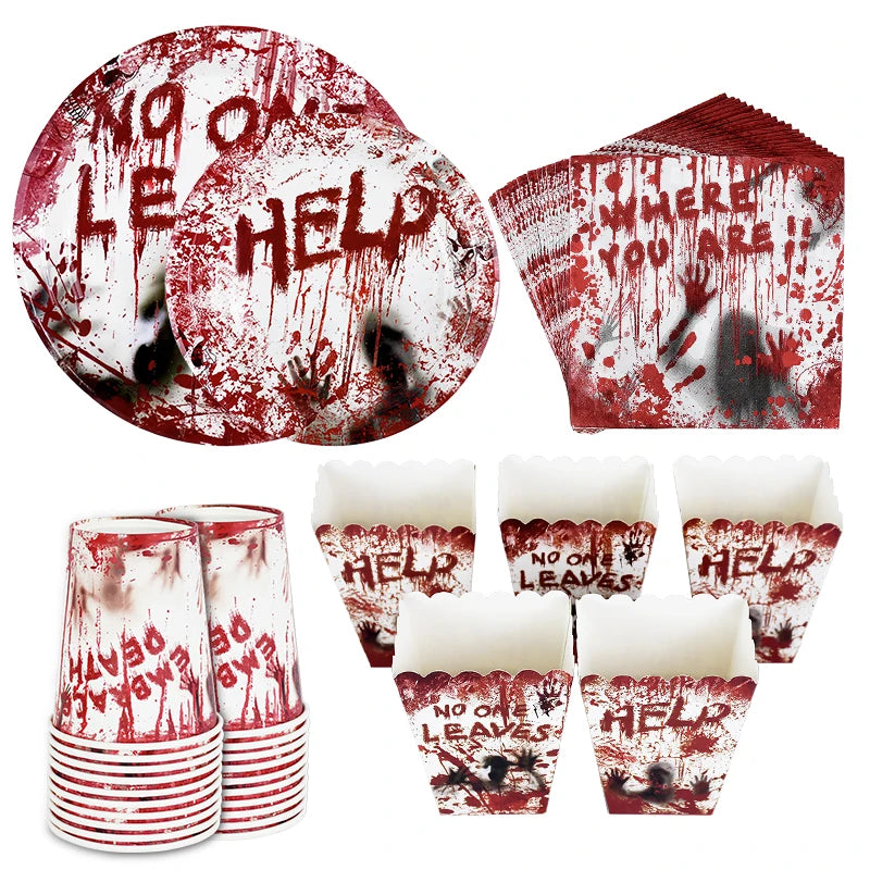 Doodad Co. Bloody Handprint Party Tableware — Plates, Cups & Popcorn Boxes