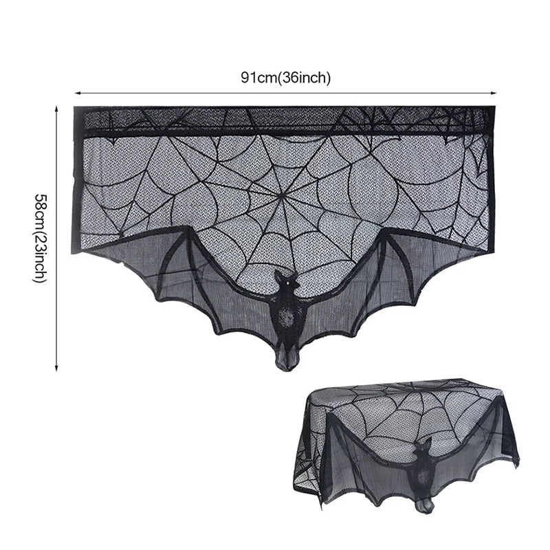 Doodad Co. Lace Skull & Spider Web Table Runner — Fireplace Mantel Scarf, Gothic Halloween Decor