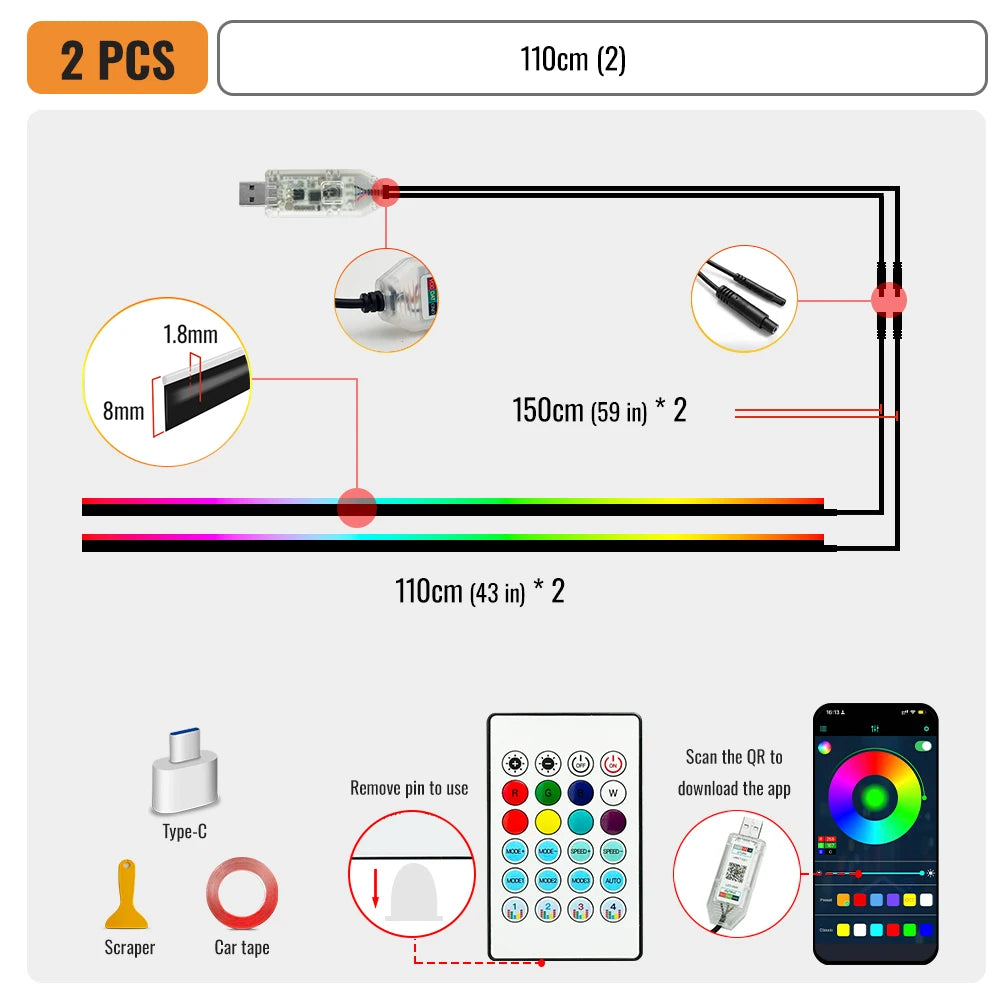 Doodad Co. Car Interior Ambient Light Kit — App-Controlled RGB Acrylic Strips