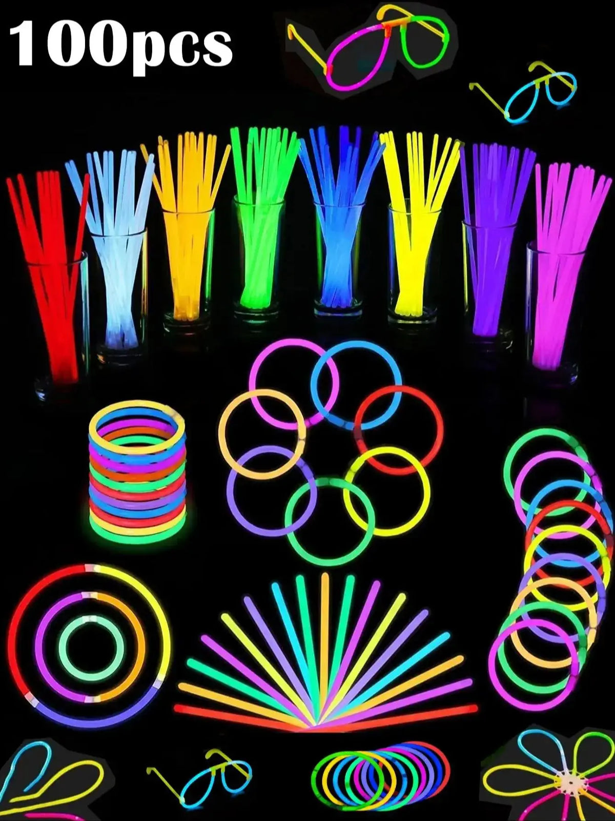 Doodad Co. Glow Stick Necklaces & Bracelets — Multicolor Neon Glow, Bulk Party Pack
