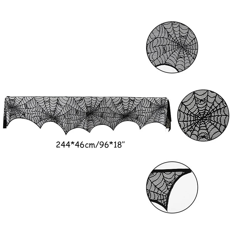 Doodad Co. Lace Skull & Spider Web Table Runner — Fireplace Mantel Scarf, Gothic Halloween Decor