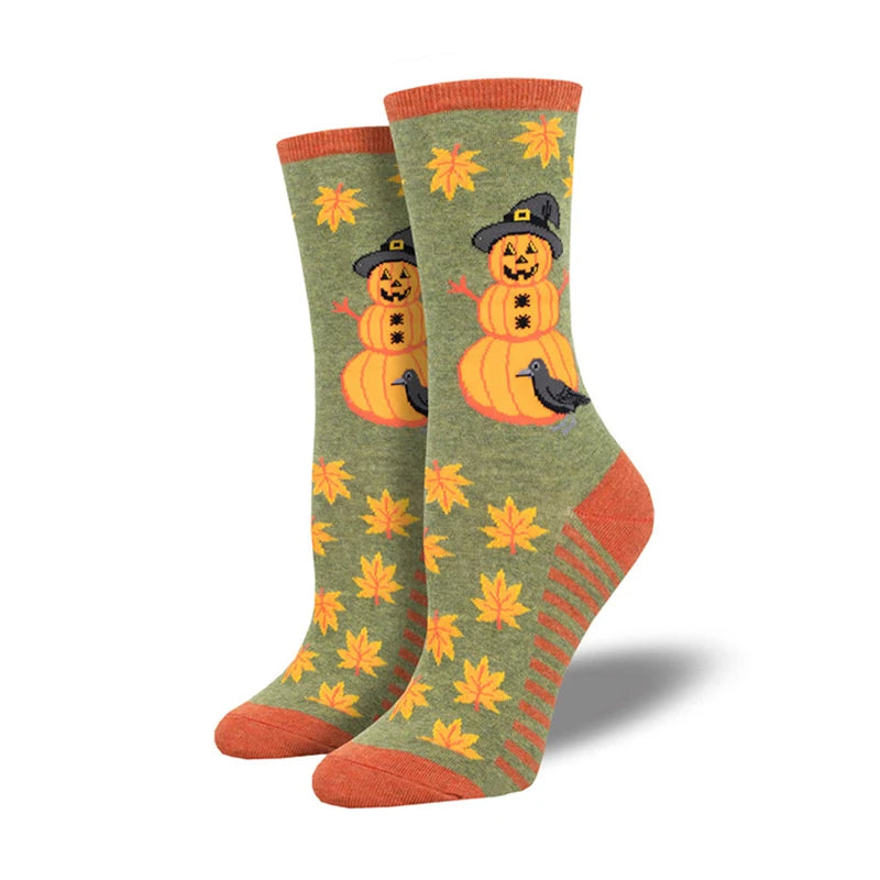 Doodad Co. Pumpkin Owl Crew Socks — Novelty Cotton, Unisex Halloween Fun