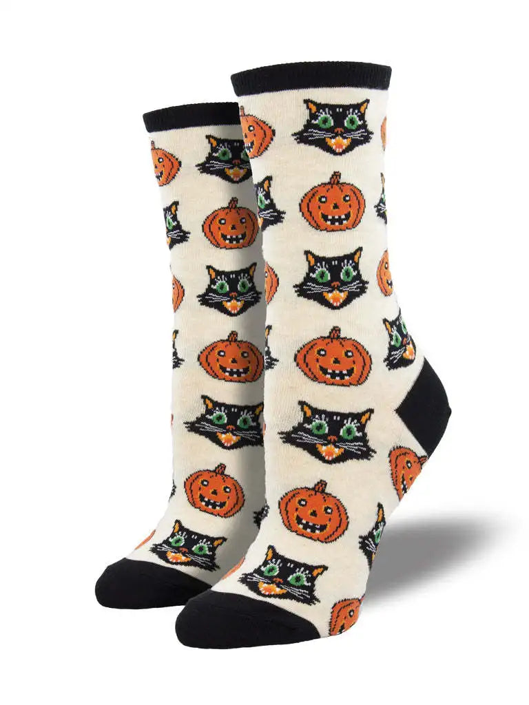 Doodad Co. Pumpkin Owl Crew Socks — Novelty Cotton, Unisex Halloween Fun