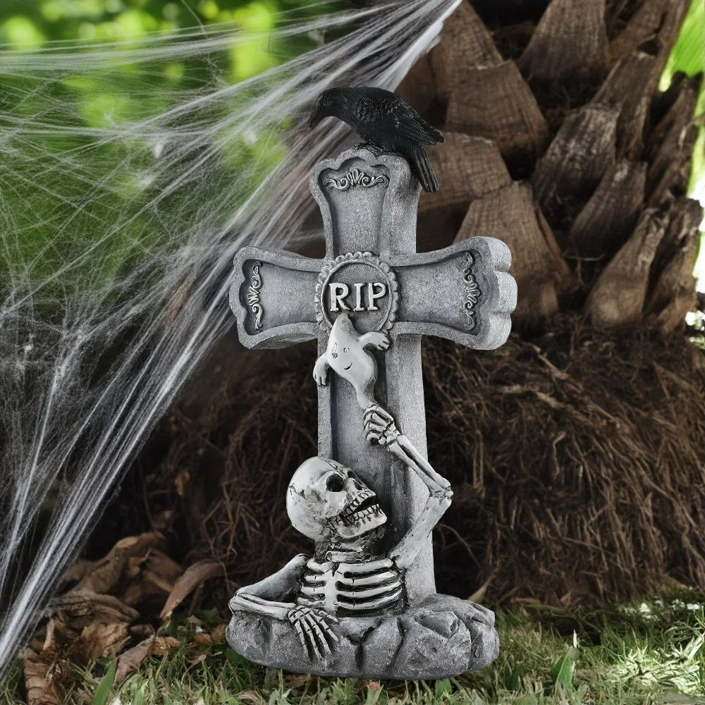 Doodad Co. Crow & Skeleton Tombstone Statue — Resin Yard Prop, Haunted House Accent