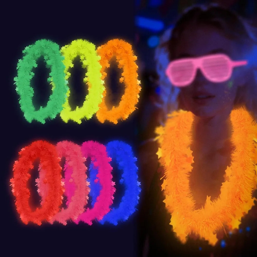 Doodad Co. Glow-in-the-Dark Tinsel Necklaces — Neon Blacklight Glow, 7-Piece Party Pack