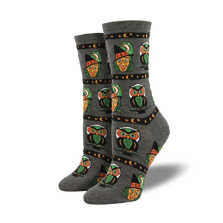 Doodad Co. Pumpkin Owl Crew Socks — Novelty Cotton, Unisex Halloween Fun