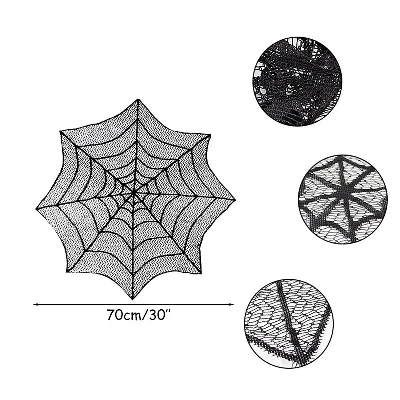 Doodad Co. Lace Skull & Spider Web Table Runner — Fireplace Mantel Scarf, Gothic Halloween Decor