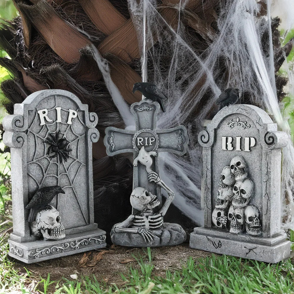 Doodad Co. Crow & Skeleton Tombstone Statue — Resin Yard Prop, Haunted House Accent