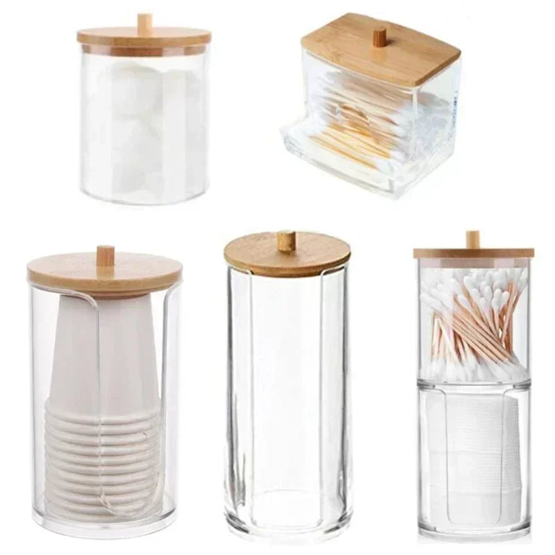 Doodad Co. Acrylic Cotton Pad Organizer — Bamboo Lid, Bathroom Storage
