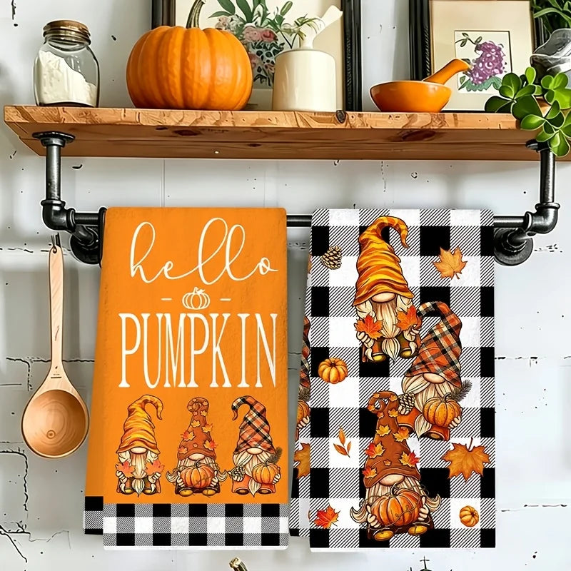 Doodad Co. Gnome & Pumpkin Kitchen Towels — Buffalo Plaid Autumn Set, Cozy Fall Decor