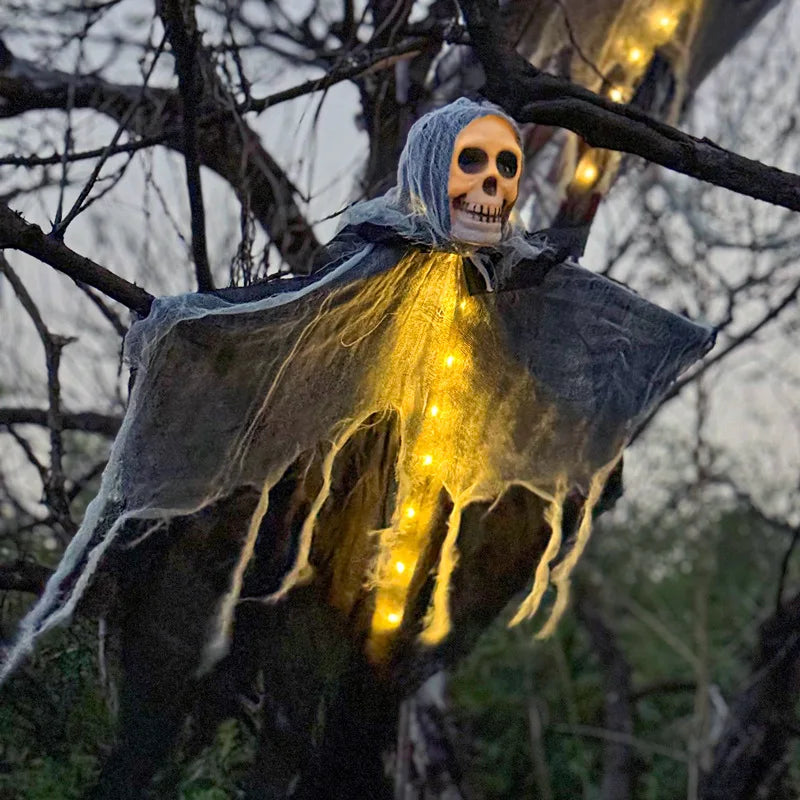 Doodad Co. Glow-in-the-Dark Hanging Ghost — Skeleton Skull Gauze Prop, Eerie Outdoor Decor