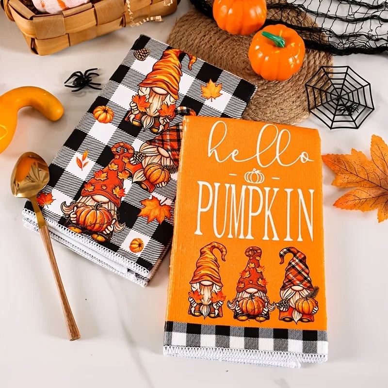 Doodad Co. Gnome & Pumpkin Kitchen Towels — Buffalo Plaid Autumn Set, Cozy Fall Decor