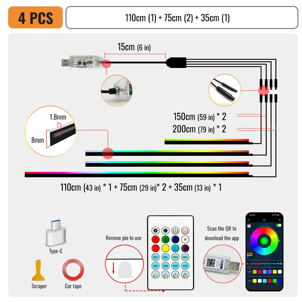 Doodad Co. Car Interior Ambient Light Kit — App-Controlled RGB Acrylic Strips