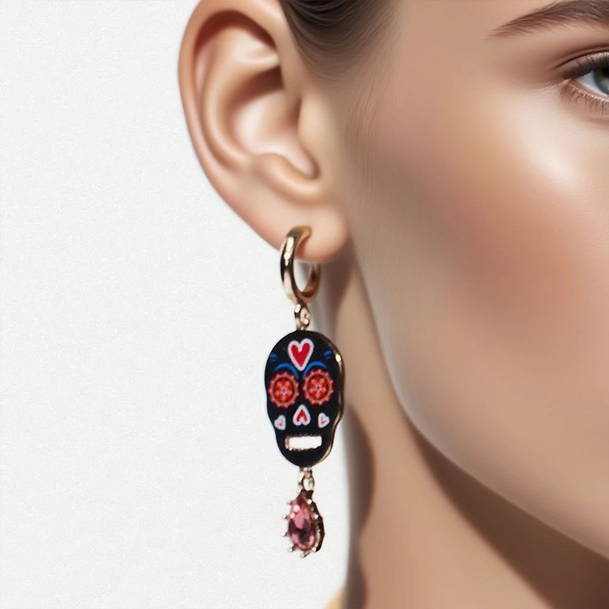 Doodad Co. Rhinestone Skull Drop Earrings — Vintage Halloween Statement Jewelry