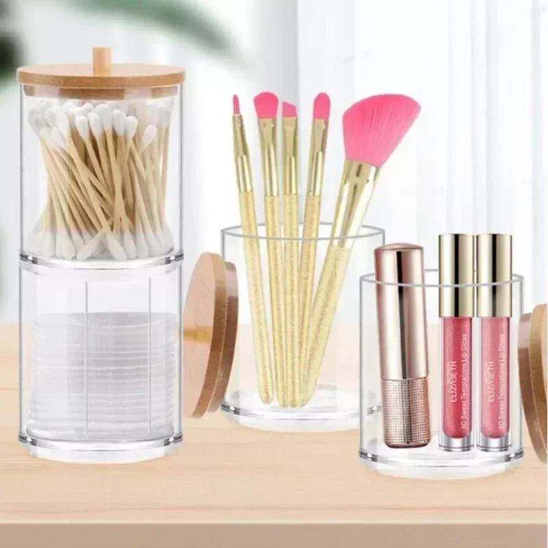 Doodad Co. Acrylic Cotton Pad Organizer — Bamboo Lid, Bathroom Storage