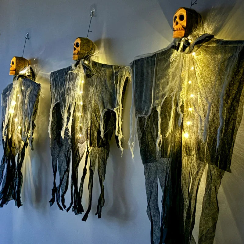 Doodad Co. Glow-in-the-Dark Hanging Ghost — Skeleton Skull Gauze Prop, Eerie Outdoor Decor