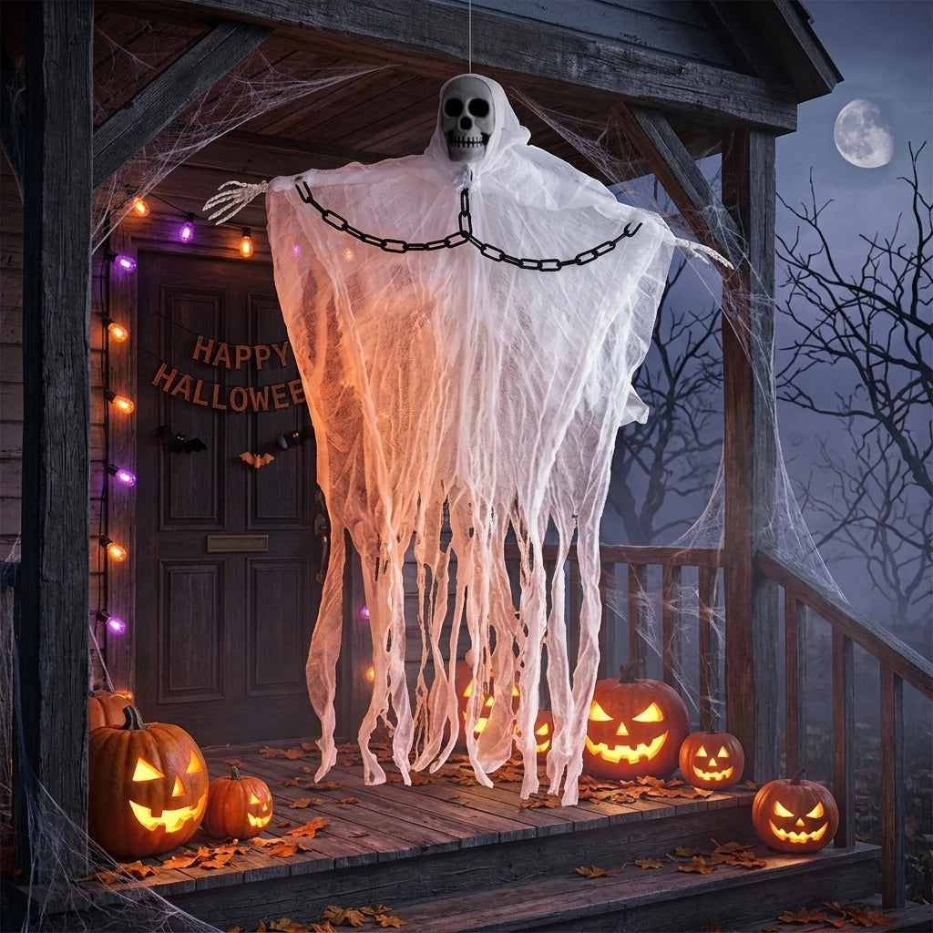 Doodad Co. Hanging Gauze Ghost — Skeleton Skull Yard Prop, Haunted House Decor
