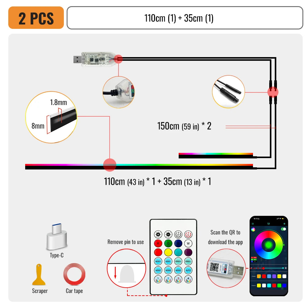 Doodad Co. Car Interior Ambient Light Kit — App-Controlled RGB Acrylic Strips