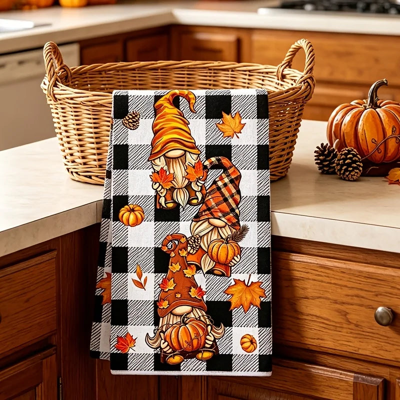 Doodad Co. Gnome & Pumpkin Kitchen Towels — Buffalo Plaid Autumn Set, Cozy Fall Decor